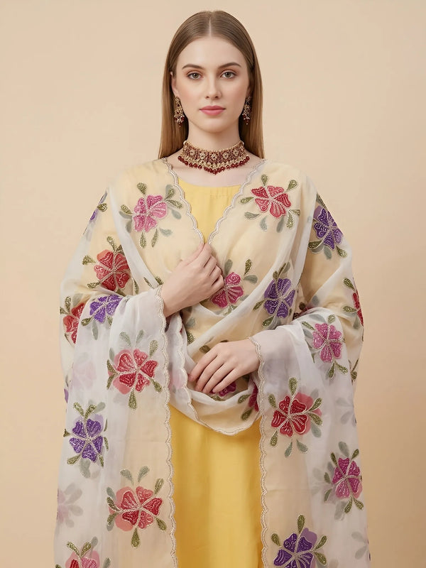 Luxe Organza Womens White Dupatta with Floral Brush Print Embellishment