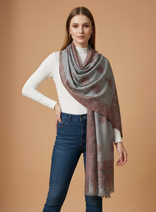 Regal Kani Woven Paisley Border Wool Blend Grey Stole | Kashmiri Inspired