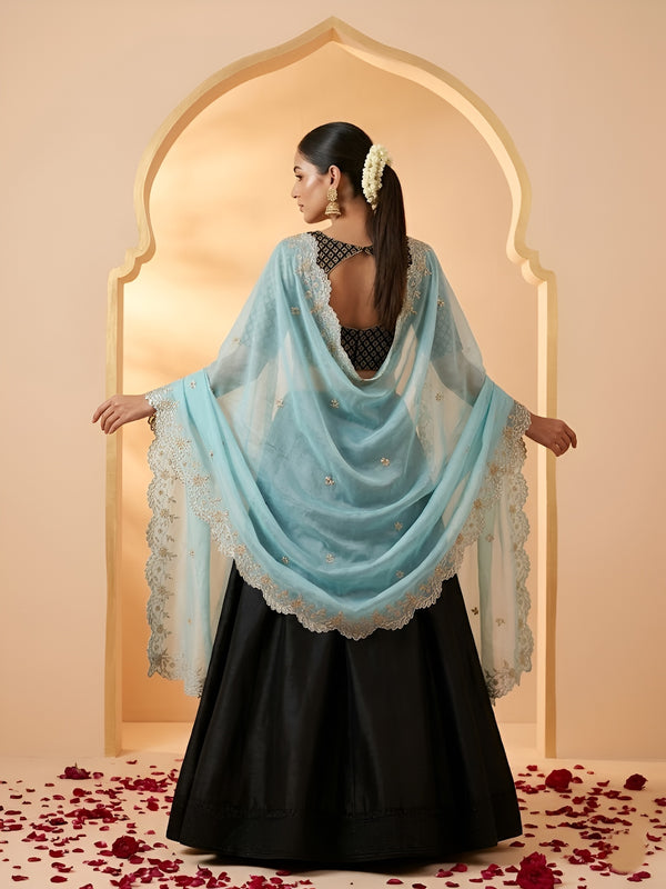 Luxe Rangoli Women Blue Dupatta with 4 Side Scalloped Embroidered Border & Buti Embellishment