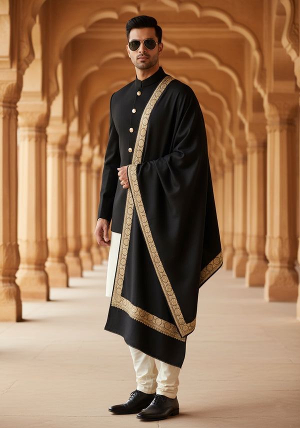 Black Woolen Mens Shawl with Gold Border – 80x40 Inches