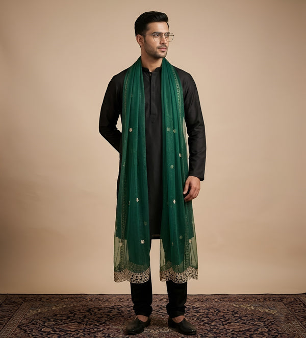 Green Twill Net Mens Dupatta – Scalloped Cutwork Border with Buti Work