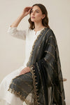 Net Black Dupatta with Twill Zari Sequin Wave Work