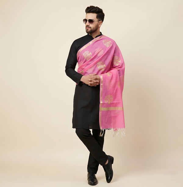 Organza Zari Buta Mens Dupatta – Pink Tone with Gold Woven Design