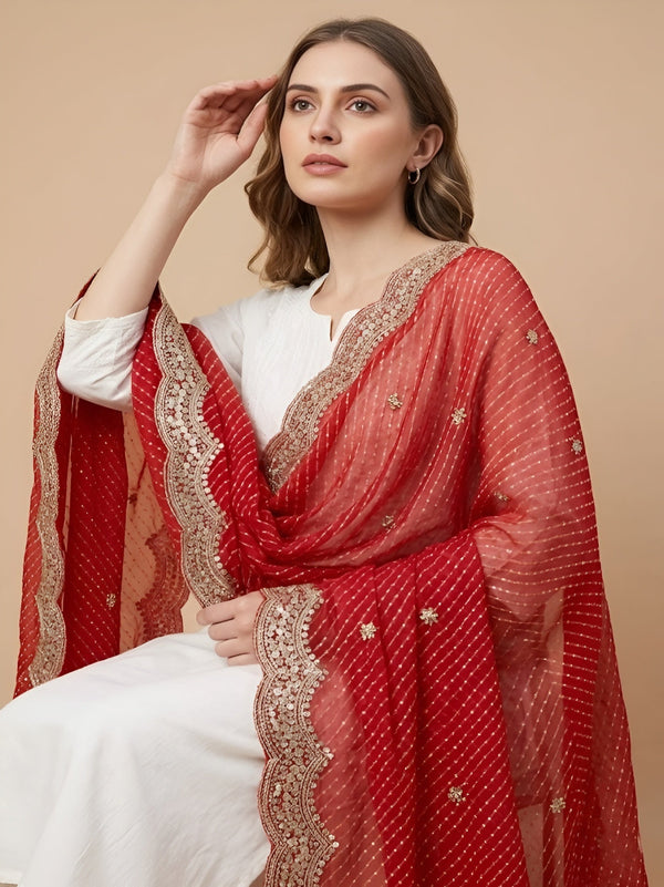 Georgette Leheriya Women Red Dupatta with Embroidered Scallop Border & Butti Work