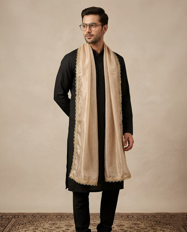 Fendi Mens Dupatta – Beige Tone with Lace Border & Latkan Finish