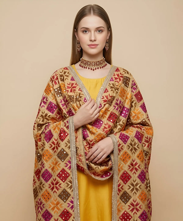 Luxe Phulkari Chinon Mirror Work Embroidered Beige Dupatta with Elegant Lace Border