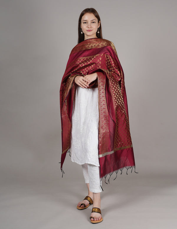 Maroon Banarasi Silk Dupatta with Gold Zari Buti & Ornate Border (Size: 2.5x1 m Approx)