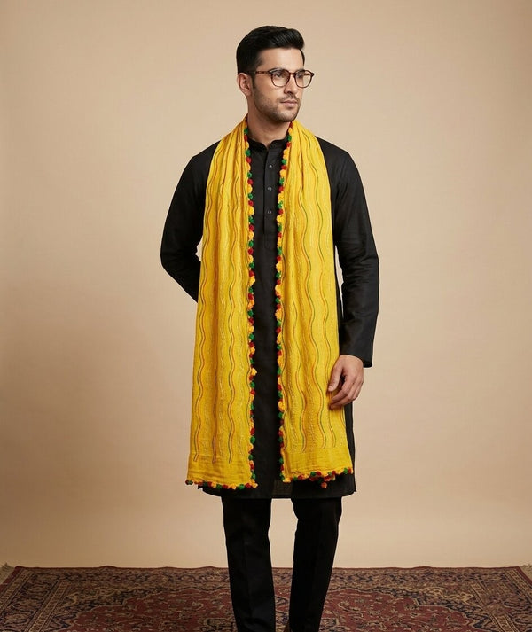 Yellow Nazneen Chiffon Mens Dupatta with Multicolor Stripes & Pom Pom