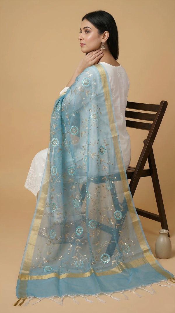 Light Blue Organza Meena Jaal Dupatta | Elegant Sheer Festive Drape