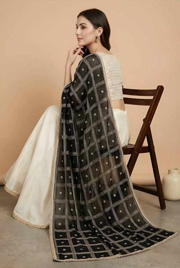 Black Chinon Dupatta with Gold Grid Embellishment (Size: 2.5x1 m Approx)