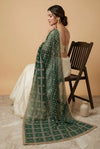 Bottle Green Chinon Dupatta with Gold Grid Embellishment (Size: 2.5x1 m Approx)