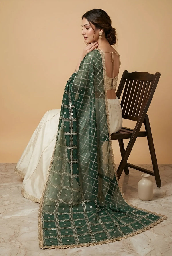 Bottle Green Chinon Dupatta with Gold Grid Embellishment (Size: 2.5x1 m Approx)