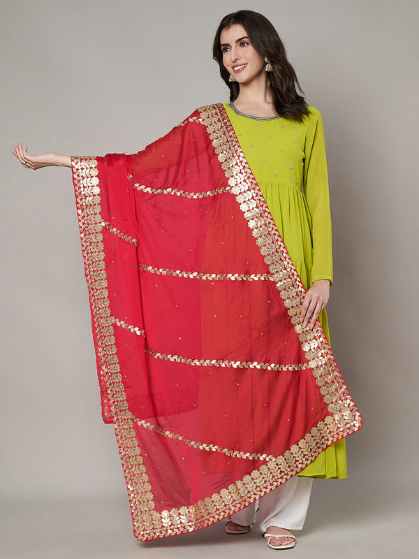 Red Chinon Dupatta with Gota Patti Border & Sequin Detailing (Size: 2.5x1 m Approx)