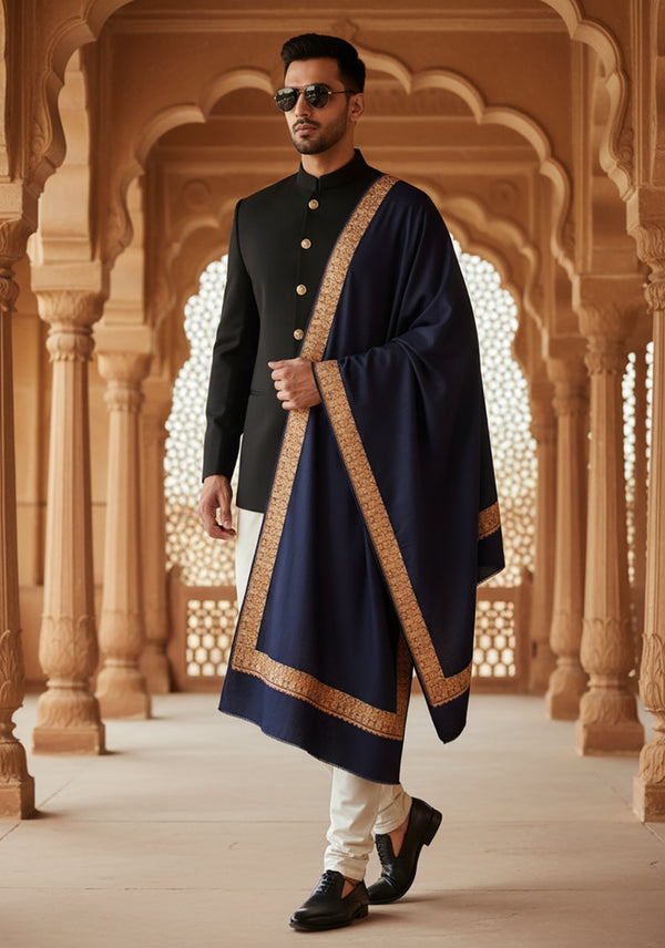 Solid Blue Woolen Mens Shawl with Rich Embroidered Border – 80 x 40 Inches