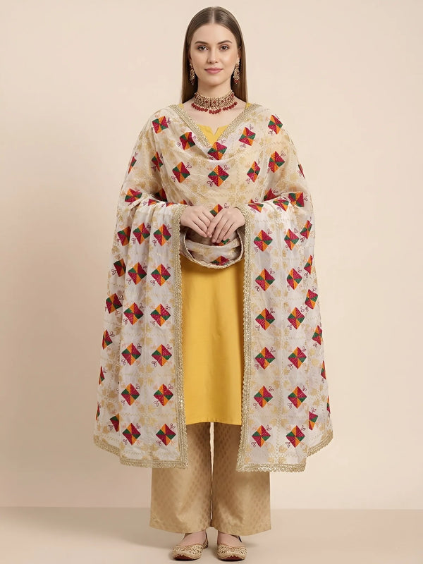 Luxe Chinon Women Phulkari White Dupatta with Lace Border & Traditional Motif Work