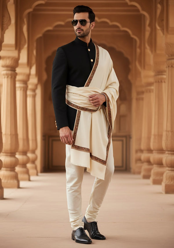 Ivory Woolen Mens Shawl with Traditional Multicolour Embroidered Border (80 x 40 Inches)