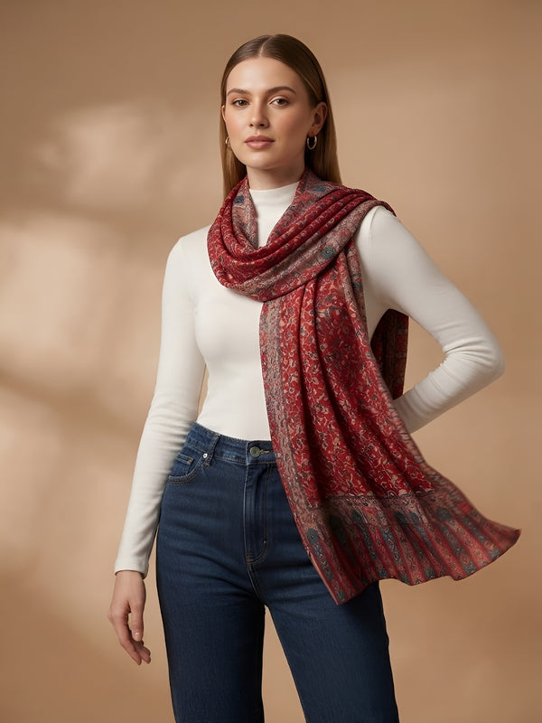 Everday Bamboo Silk Floral Kalamkari Printed Red Stole