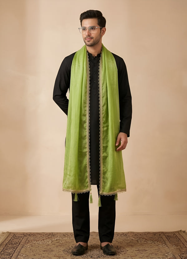 Fendi Mens Dupatta – Green Tone with Lace Border & Latkan Finish