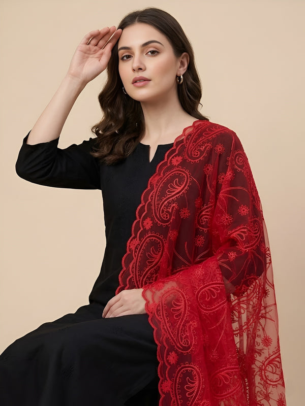 Red Organza Embroidered Dupatta for Women with Paisley & Floral