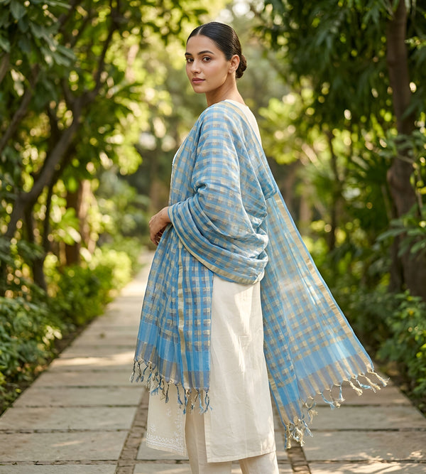 Blue Cotton Dupatta with Golden Stripe Weave & Tassel Border