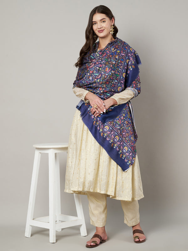 Bamboo Silk Blue Kashmiri Women Stole with Traditional Paisley Jaal | Soft & Elegant | 80×28 Inches