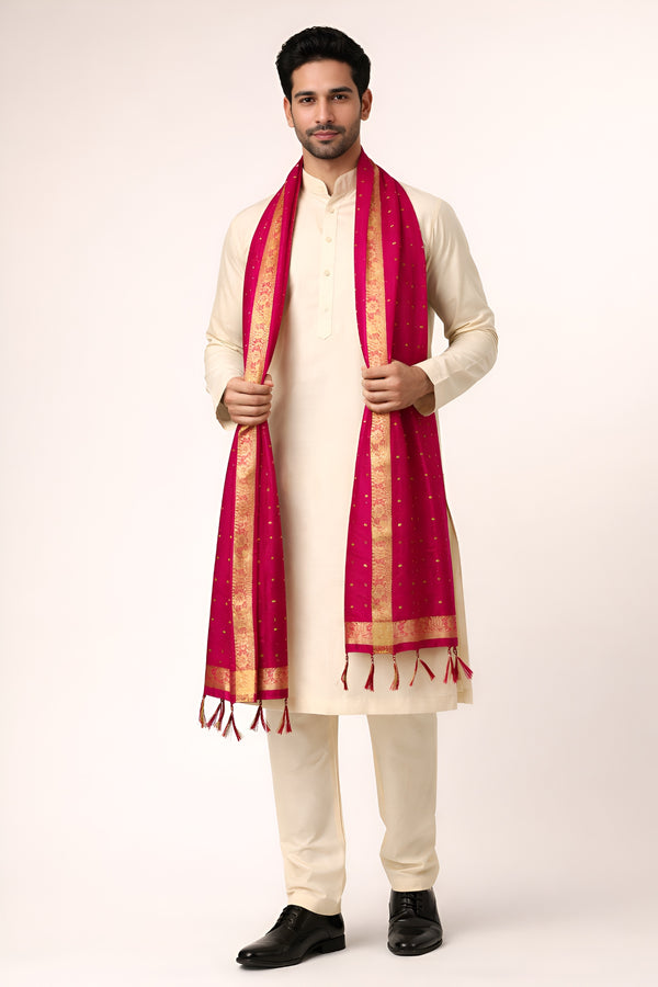 Cotton Silk Mens Dupatta – Rani with Zari Buta & Border Work