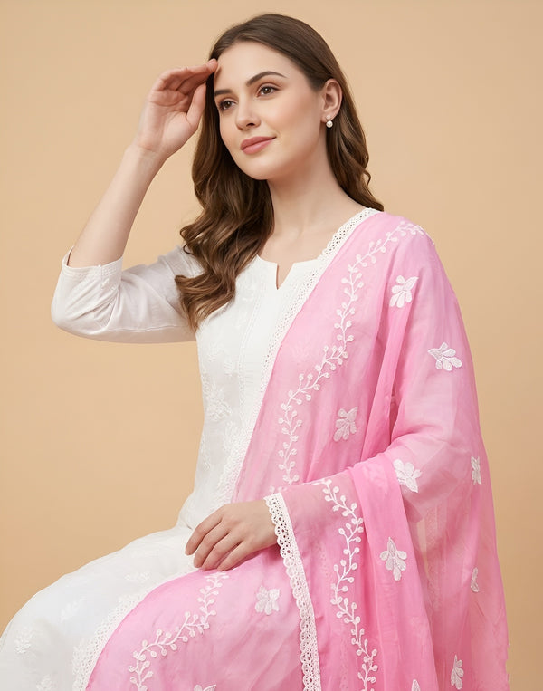 Pink Nazneen Chiffon Embroidered Dupatta with Floral Work