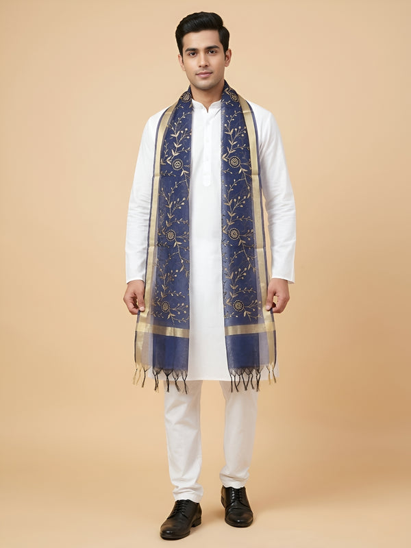 Organza Meena Jaal Mens Dupatta – Blue with Gold Woven Design