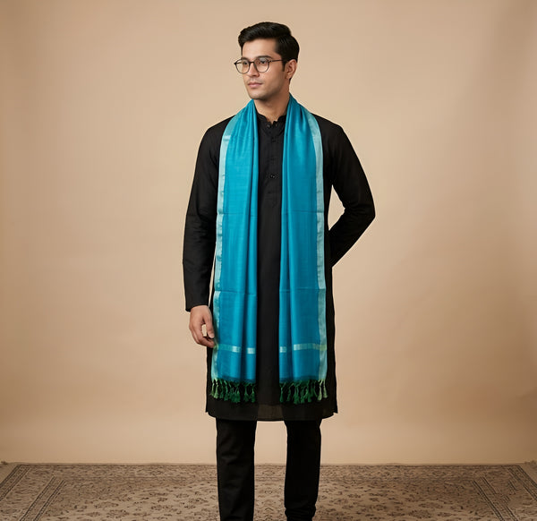 Cotton Mens Dupatta – Teal Blue with Golden Border & Tassel Finish