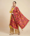Luxe Phulkari Chinon Mirror Work Embroidered Pink Dupatta with Elegant Lace Border