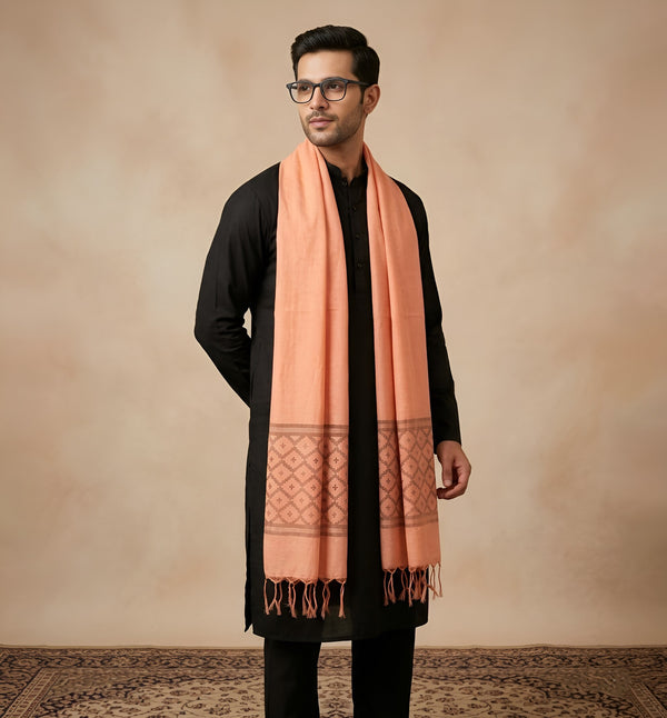 Cotton Mens Dupatta – Orange with Diamond Cut Work & Woven Border
