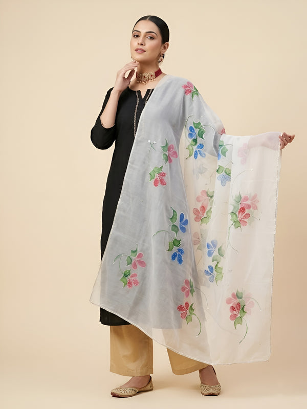 Luxe Organza Women White Dupatta with Handbrush Floral Art & Beads