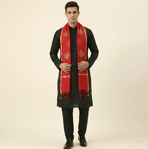Organza Zari Buta Mens Dupatta – Red Tone with Gold Woven Design