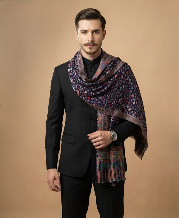 Reserve Mens All-Over Kalamkari Floral Print Bamboo Silk Blue Stole