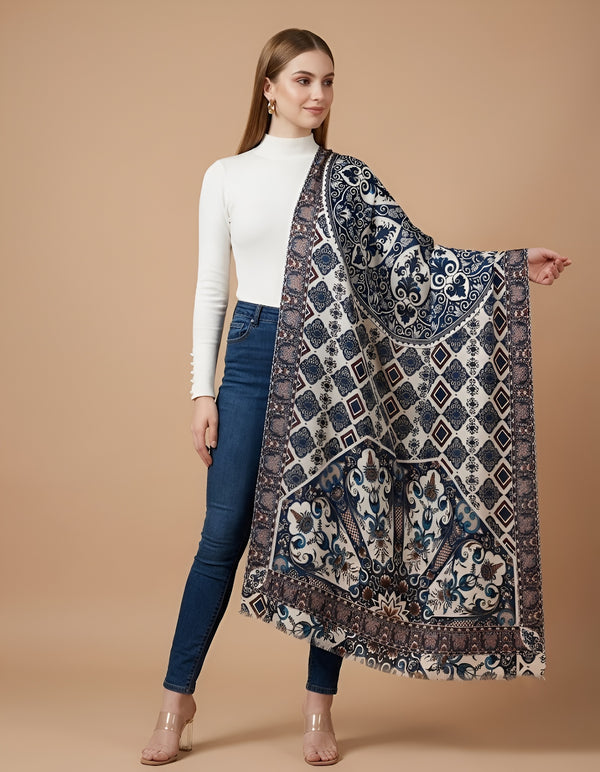 Signature Bamboo Silk Printed Stole | Heritage Floral & Geometric Ethnic Print