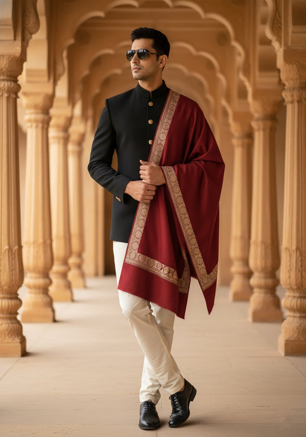 Maroon Woolen Mens Shawl with Gold Border – 80x40 Inches