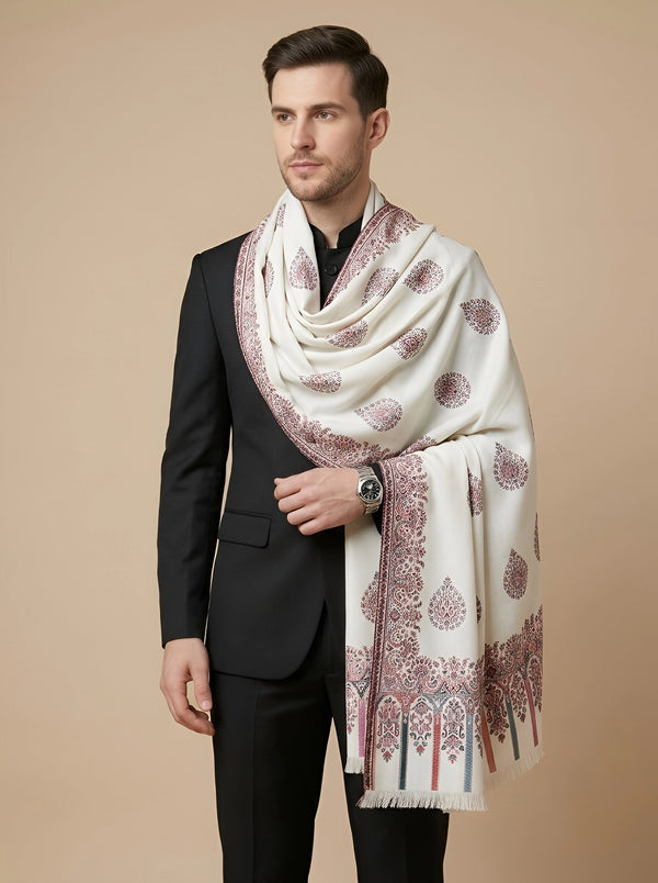 Noble Kani Woven Paisley Border Wool Blend White Stole