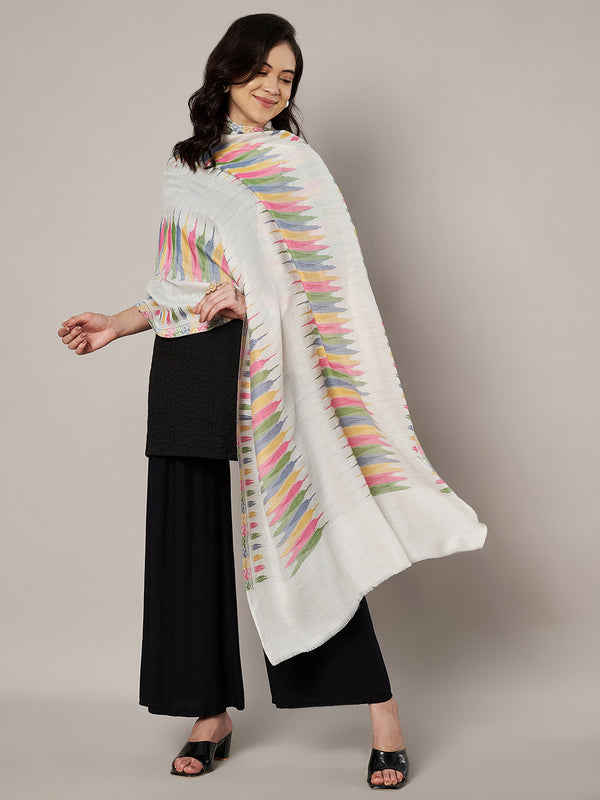 Woolen Women Stole with Ikat-Inspired Woven Motifs | Elegant Ethnic Wrap (80 × 28 Inches)