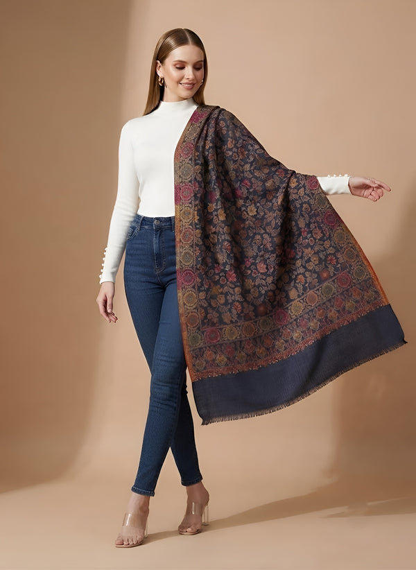 Regal Floral & Paisley Kani Weave Wool Blend Grey Stole