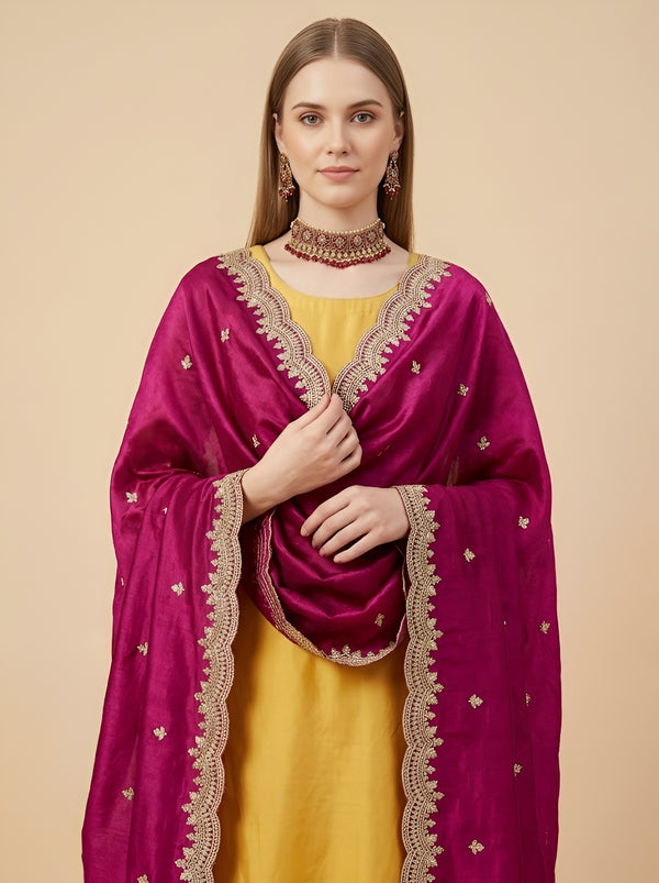 Luxe Fendi Women Pink Dupatta with 2 Side Scalloped Border, Mirror Detailing & Buti Embellishment