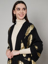 Wool Black Feather Motif Women Stole | Elegant Woven Wrap with Metallic Accents (80 × 28 Inches)
