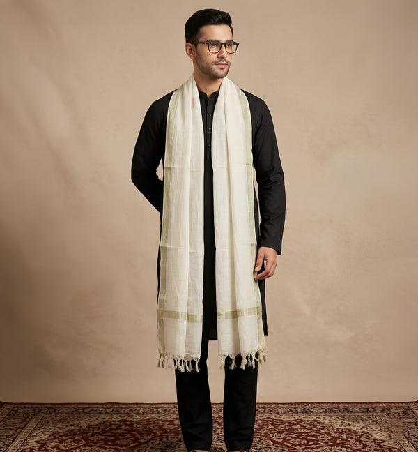 Cotton Mens Dupatta – White with Golden Border & Tassel Finish