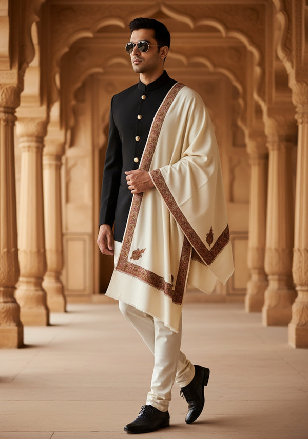 Elegant White Woolen Mens Shawl with Embroidered Border – Ethnic Wrap (80 x 40 Inches)