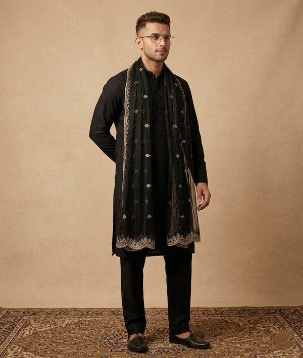 Black Organza Mens Dupatta – Scalloped Cutwork Border with Buti Work