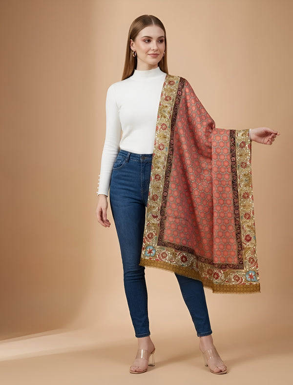Signature Bamboo Silk PrintedStole | Heritage Floral Border & Geometric Motif Print