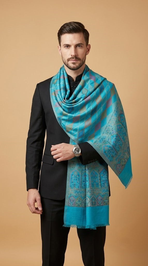 Reserve Mens Wool Blend Multicolor Geometric Diamond Jacquard TealStole with Mughal Floral Border