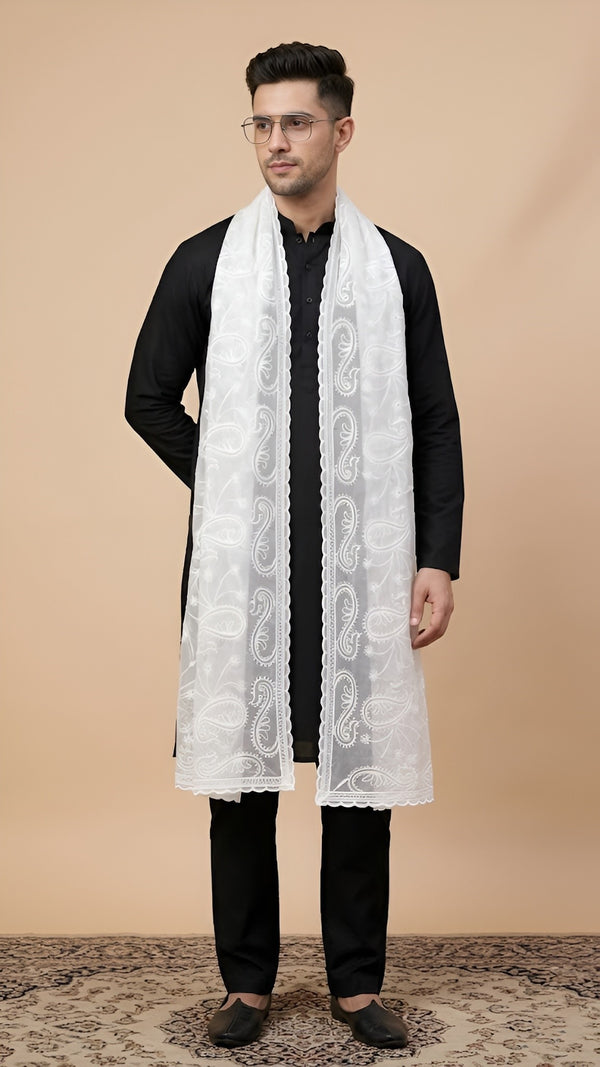 Organza Mens Dupatta – White with Paisley Embroidery & Floral Design