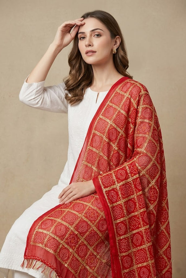 Chinon Bandhani Print Crush Women Red Dupatta with Traditional Motif Grid Design & Tassel Detailing