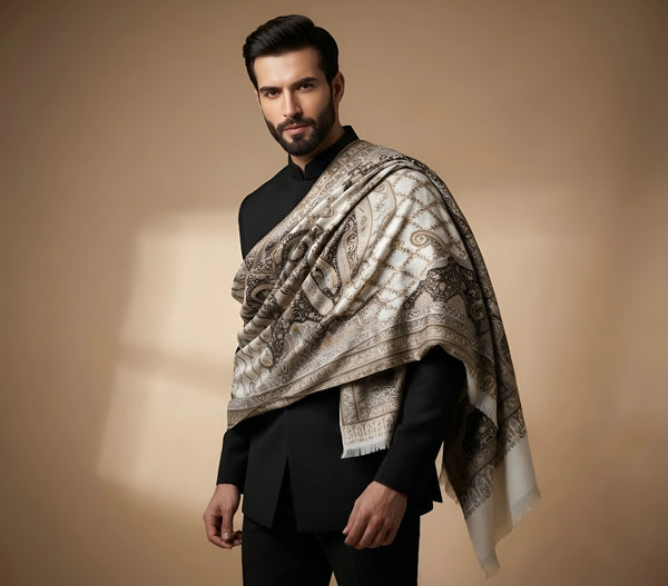 Mir-e-Khas Men's Kashmir-Inspired Paisley Jacquard White Shawl with Kani Floral Border
