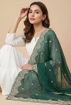 Georgette Leheriya Women Green Dupatta with Embroidered Scallop Border & Butti Work